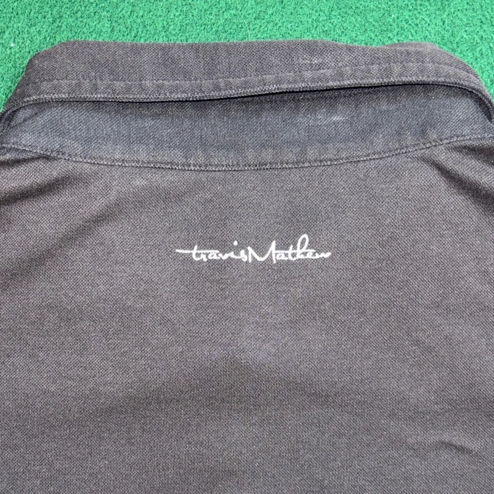 Travis Mathew Black Polo with Blue and Gray Stripes